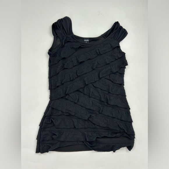 Rafaella Tops - Rafaella Black Scoop Layer Ruffle Capped Sleeves Top